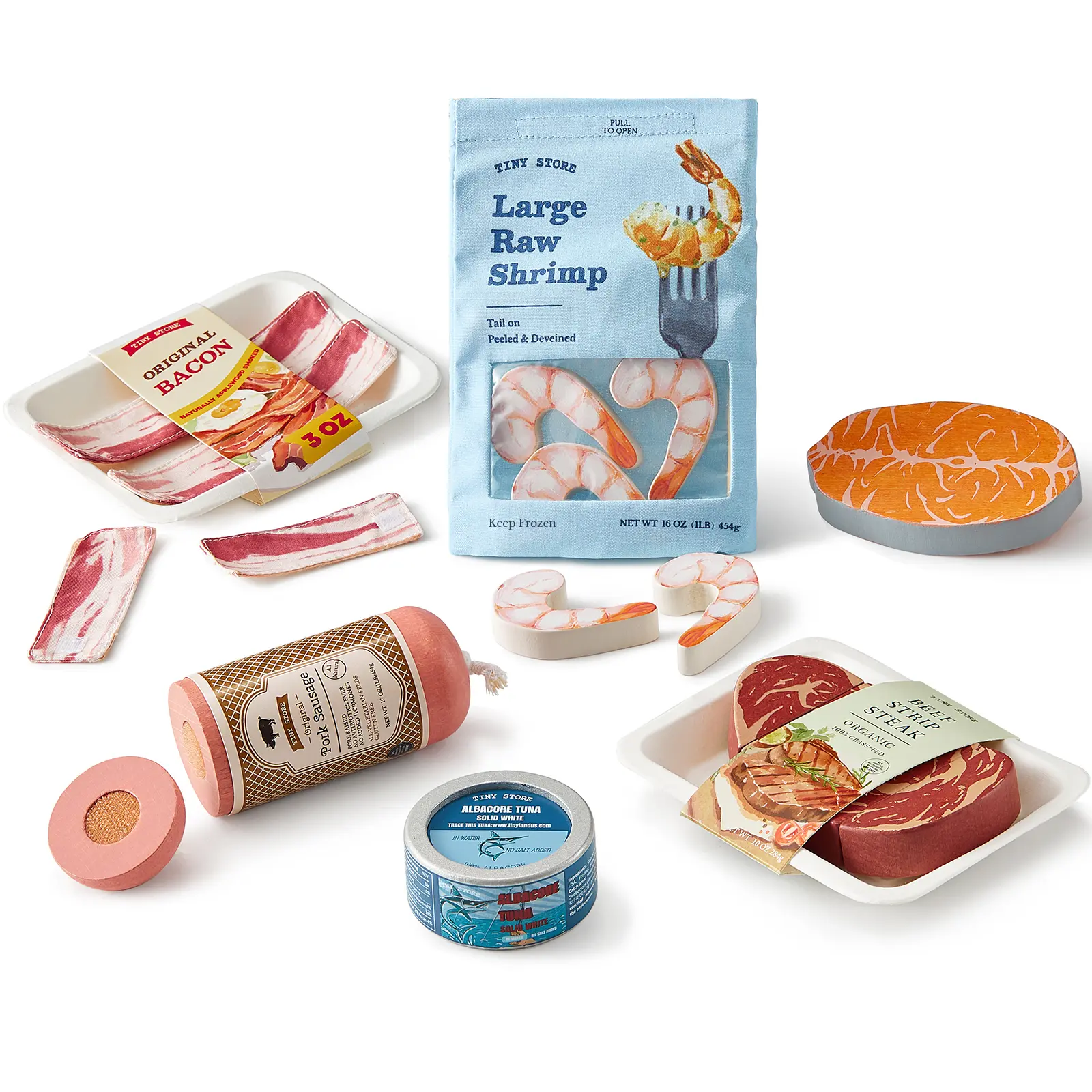 Tiny Land Wooden Play Food Set for Kids, 6-Piece Meat and Seafood Pretend Kitchen Toys