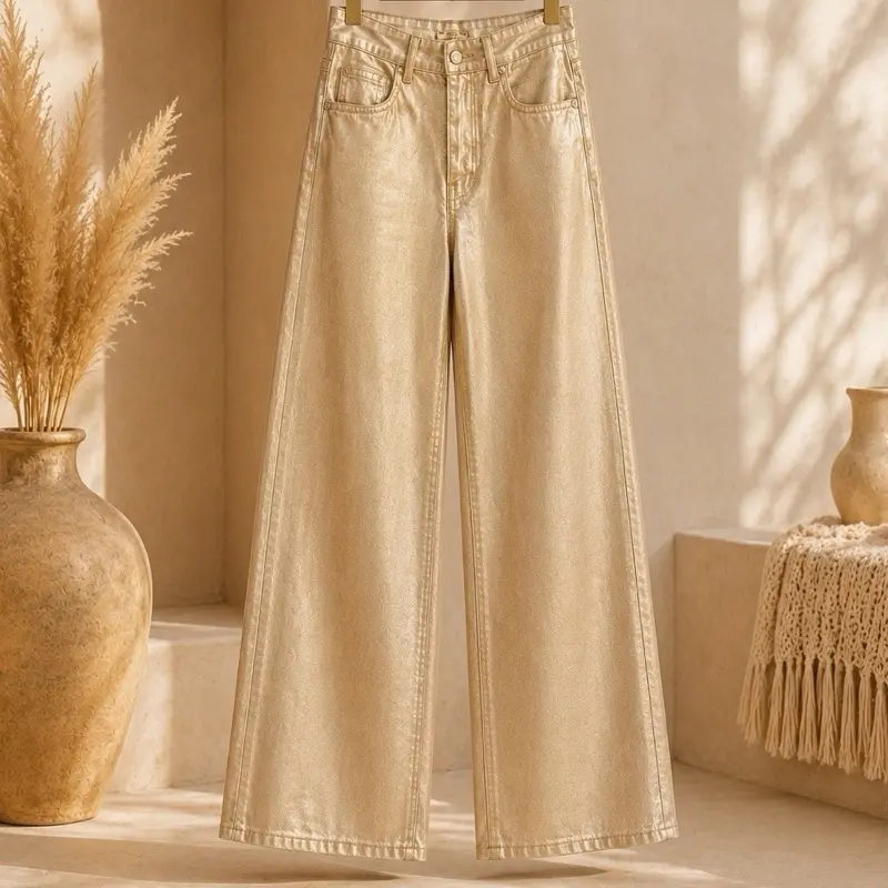 Luxe Champagne Metallic Wide Leg Jeans