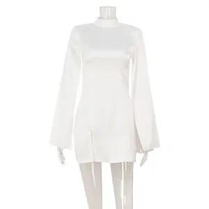 Women’s Premium Satin Cape Sleeve  Royalcore Slim Waist Formal Evening Party Mini  costume white dress tea length