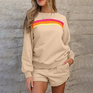 Chic Clothing  Long Sleeve  Striped Accent Pullover and Shorts Two Piece Casual Set sweat