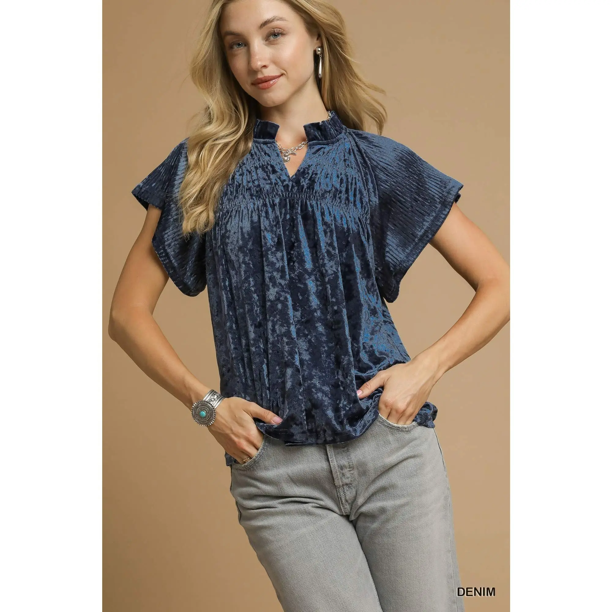 Umgee Crushed Velvet Pleated Blouse