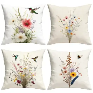 Flower Bouquet Decorative Pillow Covers Set of 4, Boho Style, Easy to Clean, Suitable for Bedroom Living Room Sofa Car Home Decoration