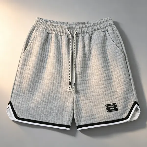 Men's Waffle-Textured Basketball Shorts, Athletic Baggy Streetwear with Striped Hem and Tassel Drawstring, Chic & Breathable for Summer, Baggy Jorts, Sporty Chic, Basic, Tassels, Loose Cut, Polyester, Adjustable Drawstring Men's Shorts, Casual, Cold Wash,