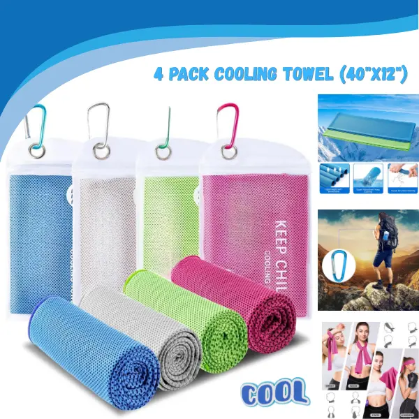 4 Pack Cooling Towels – Microfiber Ice Towels for Running, Gym, Workout, Yoga, Fitness, Hiking, Camping & Sports, Reusable Sweat Towels