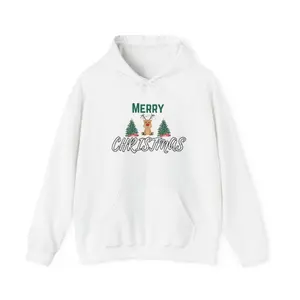Men's Christmas holiday celebration Graphic Hoodie - Long Sleeve Pullover Regular Fit | Soft & Breathable Fabric, Durable Print, Everyday Comfort, Machine Washable, festive and cartoonish holiday-themed graphic with reindeer and Christmas trees