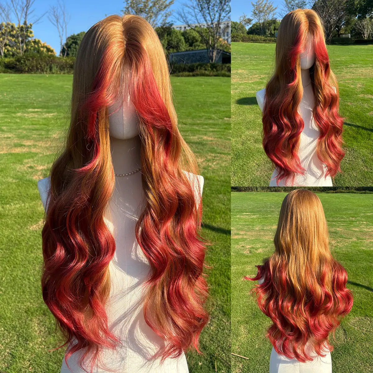 SMILCO 32-Inch Gold and Rust Loose Wave Wig with Bangs Flame color SM577 Synthetic Material Heat Resistant Adjustable Breathable Rose Mesh for Daily Use