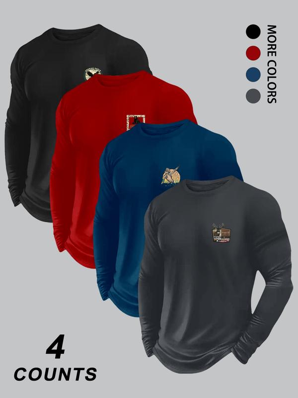 Men's Fashion Camo Animal Print Long Sleeve Round Neck T-Shirt Set, Comfortable Stretch Fabric, Perfect for Spring & Fall Sports Outdoor Activities, Athletic Sports Clothing