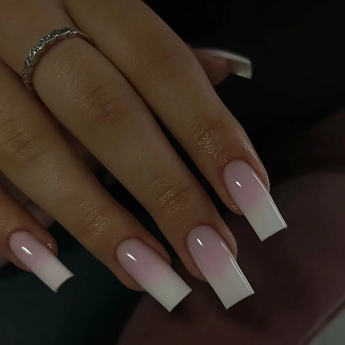 Press on Nails Medium Long Square Ombre Nude Pink White Fake Glue on Nails with Simple Design for Women Girls Full Cover Artificial Acrylic False Stick on Nail for Daily Wear Wedding 24Pcs