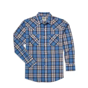 Men's Ely Cattleman Long Sleeve Textured Plaid Western Snap Shirt- Blue & Brown