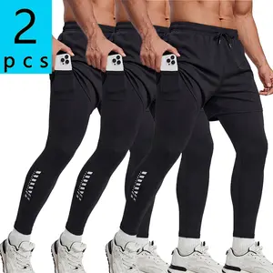 3-pack, 2-in-1 men’s athletic pants for summer—faux two-piece design with letter print running/fitness long pants featuring a  pocket; lightweight and comfortable; suitable for spring/summer everyday outdoor training and jogging; built-in phone pocket