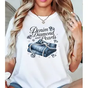 Denim Diamond and Pearls T-Shirt, Glam Graphic Tee with Jeans, Diamonds & Pearls Design