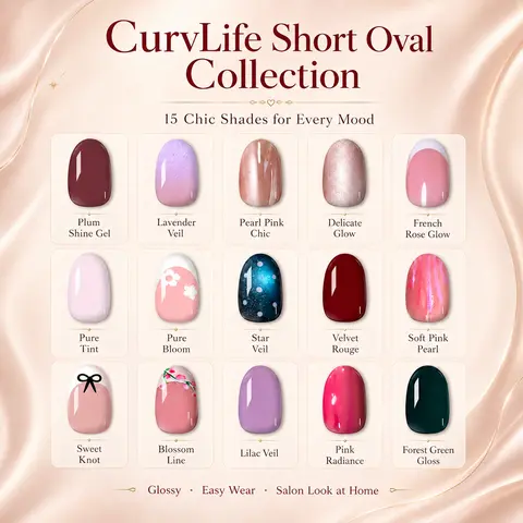 CurvLife Short Oval Press-On Nails Collection – Fresh Pastel Colors, Floral Designs, Soft Pink, Nude & Nature-Inspired Styles, Glossy Jelly Finish, Reusable Non-Toxic Nails for Everyday Spring Wear
