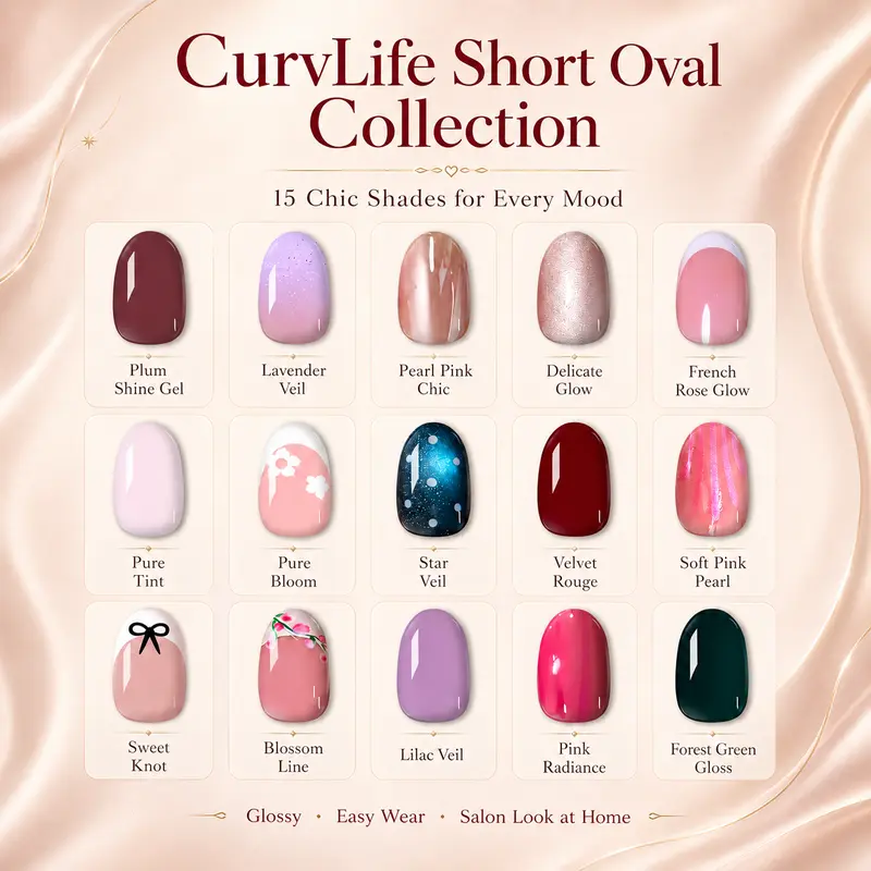 CurvLife Short Oval Press-On Nails Collection – Fresh Pastel Colors, Floral Designs, Soft Pink, Nude & Nature-Inspired Styles, Glossy Jelly Finish, Reusable Non-Toxic Nails for Everyday Spring Wear