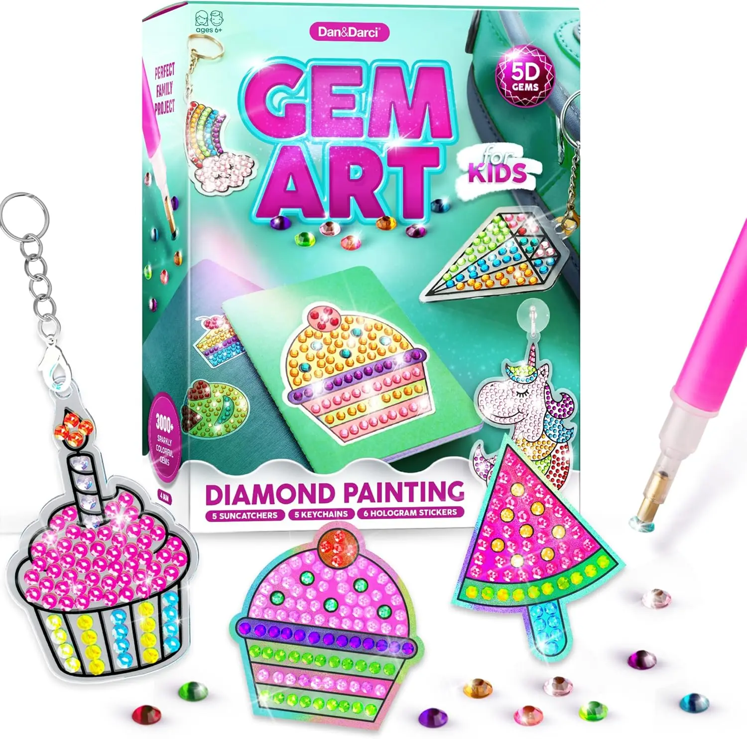 Dan&Darci Sparkling 5D Gem Diamond Painting Kit for Kids - 3000+ Gems, Stylus, Stickers - DIY Creative Art Projects - 10x11x1 in