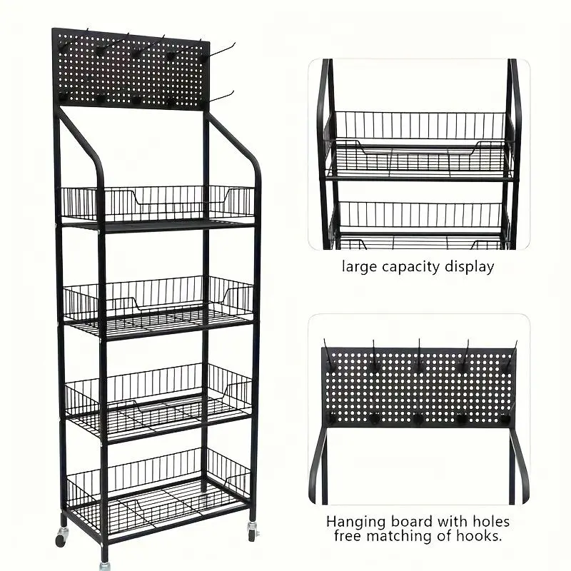 Metal 3/4/5-Tier Retail Display Rack with 16 Hooks, 4 Swivel Casters, 4 ft Pads, Easy Assembly, Versatile for Retail & Commercial Use, Sturdy Portable Home Organizer Storage Holder, Father's Day Gift