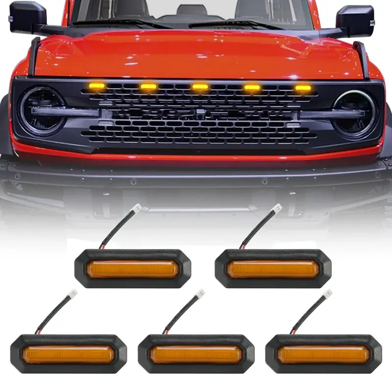 SUNPIE 5-Piece Smoked Amber Brighter LED Grille Kit - LED Work Light with Wiring Harness, Durable Build, Enhanced Visibility for 2021-2026 Ford Bronco 2/4 Doors Badlands/Wildtrak/Everglades (Father's Day Gift), Car Lights, Carlights