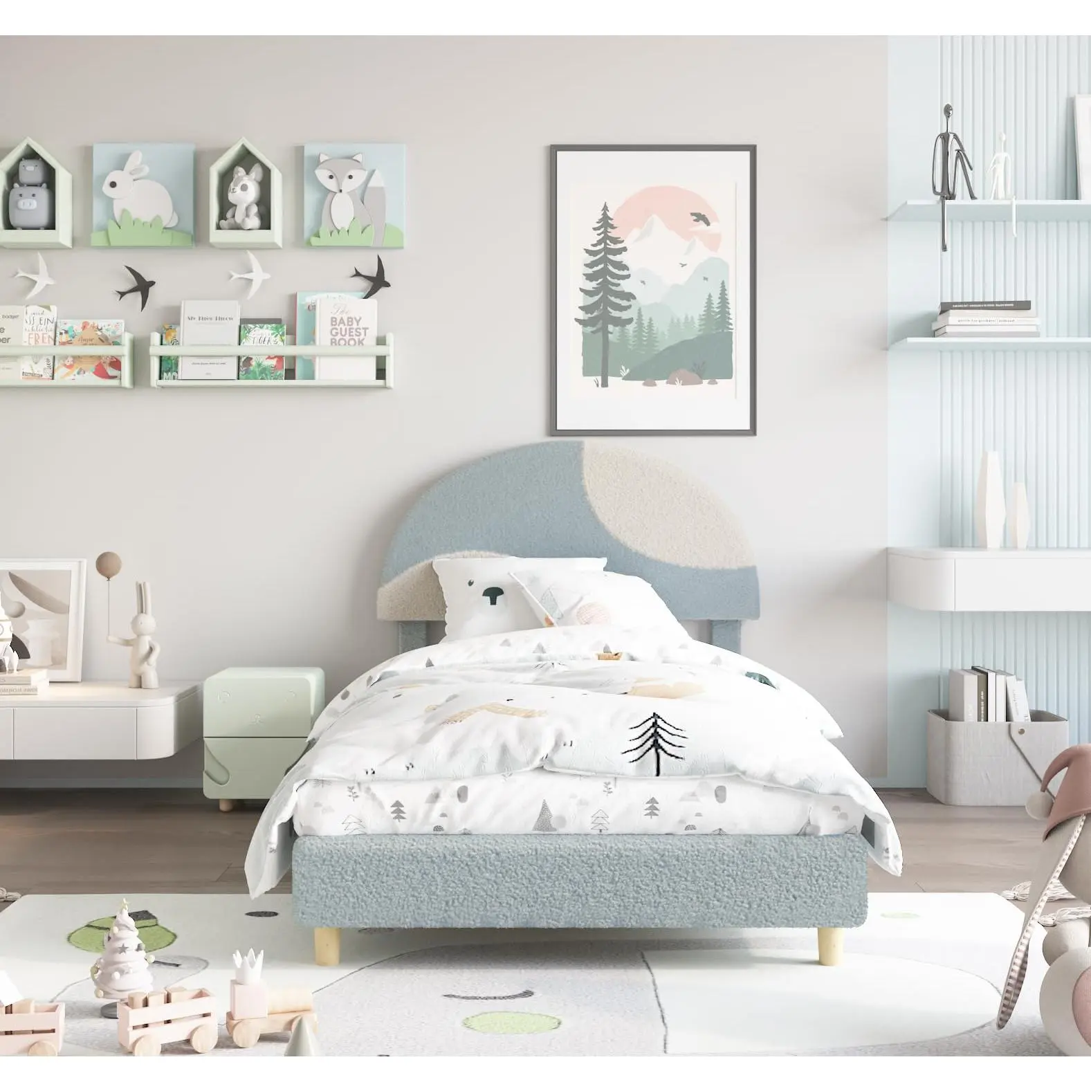 Garvee Modern Twin Bed Frame - Soft Blue & White Round Boucle Fabric Upholstered, Round Headboard, Silent Sturdy, 1500lb Capacity, Wood Slats Included, Quick Setup, No Box Spring Required,sohochic