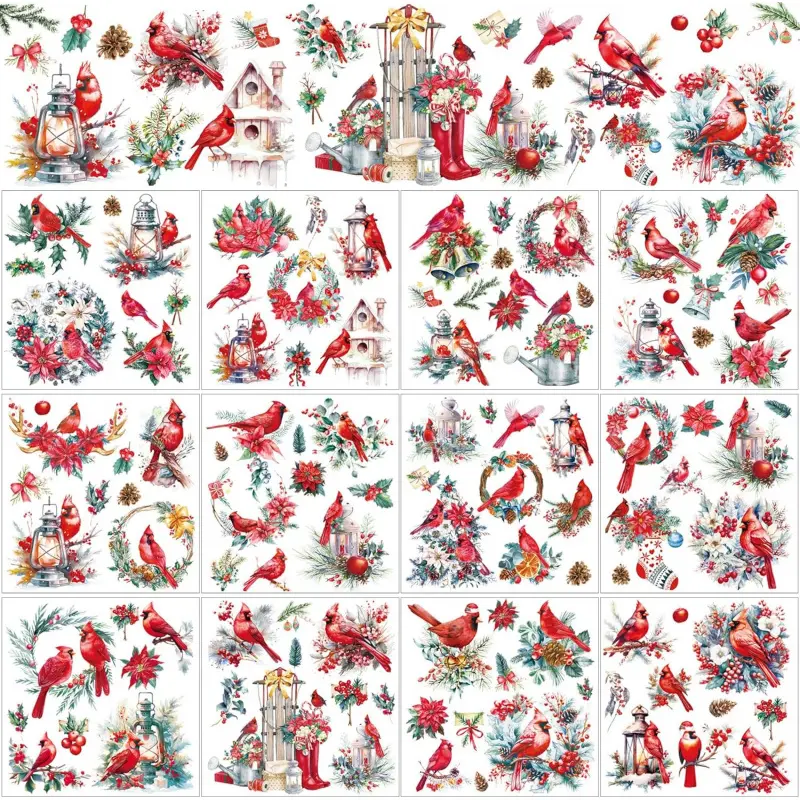 12 Sheets Christmas Rub on Transfers for Crafts and Furniture Christmas Rub on Transfer Stickers Winter Decals for  DIY Paper Home Decor, 5.5 x 5.7 Inch(Cardinal)