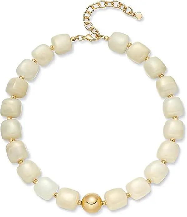 Chunky White Beaded Choker Necklace for Women, Summer Beach Statement Resin Beads Necklace, Trendy Womens Summer Beach Jewelry Birthday Gifts for Vacation Holiday