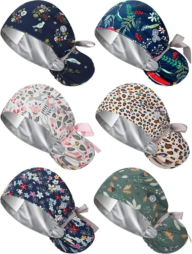 6 Pcs Satin Lined Scrub Caps Women Nurse Surgical Hat with Buttons Ponytail Working Adjustable Shower Caps Tie Back