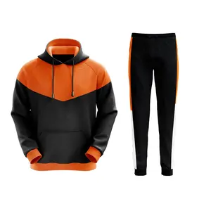 Deckra Mens Hooded Plain Tracksuit Fleece Ribbed Cuff Sweatshirts Cotton Blend Joggers Oversize Black/Orange (0.3)