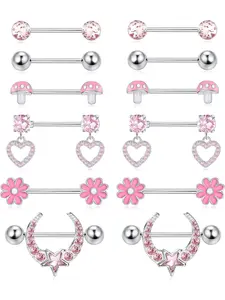 6Pairs 14G Nipple Piercing Jewellery for Women 316L Stainless Steel Nipple Bars Hypoallergenic Heart Moon Star Daisy Flower Mushroom Nipple Barbells Body Piercing Jewellery