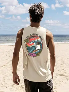 Men's Regular Fit Surfing Penguin Tropical Print Round Neck Tank Top, Casual Sleeveless Top for Summer, Men's Clothes for Beach Vacation, Menswear