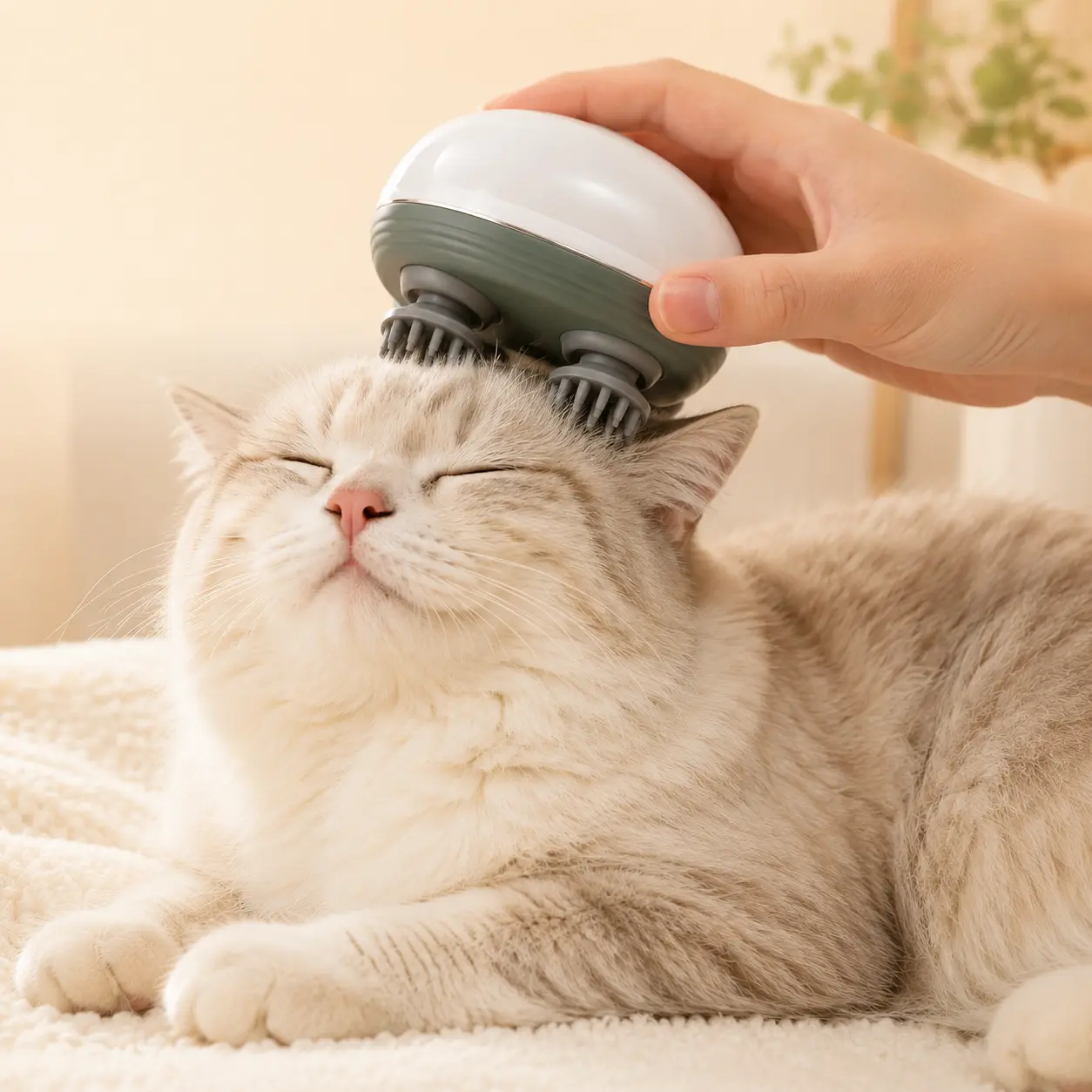 QUBIXPAW-Mini Electric Cat Head Massager, 4 Soft Rotating Heads, Rechargeable Handheld Pet Spa Tool for Cats & Small Dogs