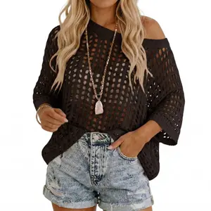 Women's Crochet Hollow Out Knit Top Sexy Oversized Mesh Net Sweater Casual Off the Shoulder Raglan Sleeve Summer Beach Cover Up Knitwear Womenswear, new spring and summer knitwear with hollow design, sun protection clothing for women, lightweight style