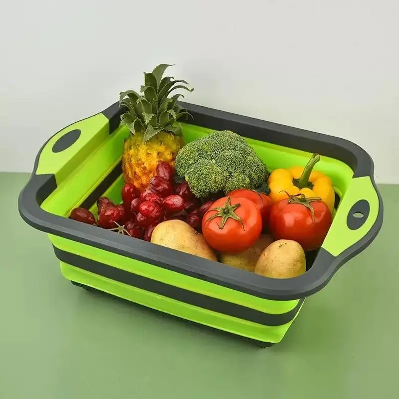 3-in-1 Collapsible BBQ Prep Tub with Lid, Food Grade Silicone Cutting Board Colander Combo, Portable Dish Basin for Travel Outdoor Camping Picnic Tailgate Kitchen Use Handles