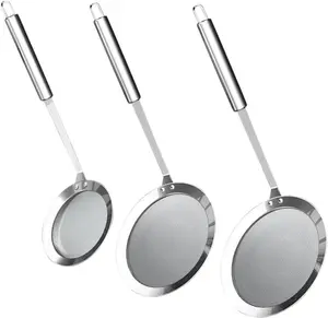 Pack of 3 Stainless Steel Fat Skimmer Spoon, 3.94"+4.72"+5.51" Mesh Strainer, Professional Kitchen Fine Mesh Food Strainer and Hot Pot Skimmer with Long Handle for Skimming, Cooking, Frying, Grease, Gravy and Foam