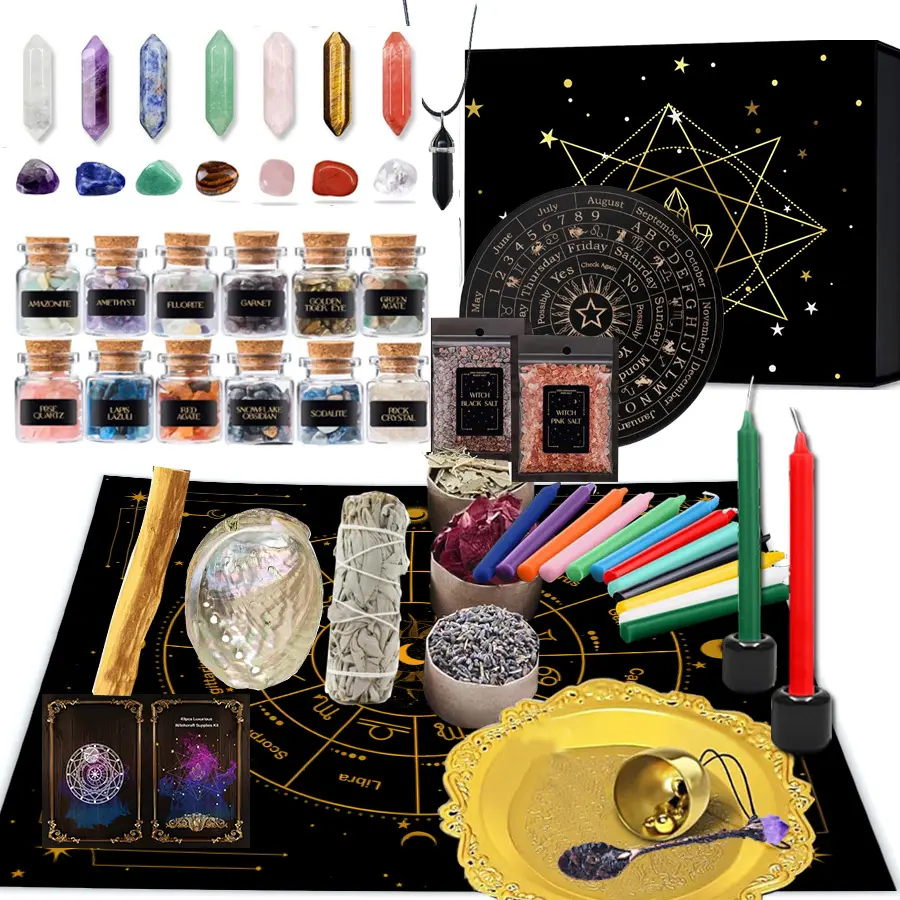 55Pcs All-In-One Witchcraft Supplies Kit, Candles, Crystals, Herbs & Ritual Tools, Wiccan Starter Set for Spells, Halloween Decor, Teacher Appreciation Gifts & Pagan Rituals