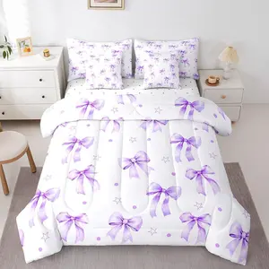 7 Pieces Purple Bows Comforter Set,Watercolor Bowknot Bedding Set,Kawaii Bow Tie Cartoon Bed in A Bag with Comforter,Sheets and Pillowcases,Kids Girl Princess Room Decor