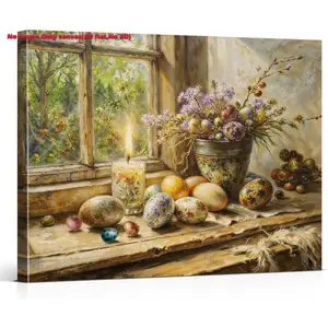 2D flat 1pc Unframed wall decor,Vintage Easter Spring Canvas Wall Art Rustic Cottagecore Spring Poster Painting Picture Wall Decor Floral Eggs Easter Print for Home Living Room Bedroom Decorations Floral Aesthetic Pattern