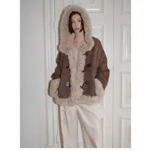 Modern Weekend Drop Shoulder Hooded Merino Wool Sheepskin Fur Coat Winter Fitted Long Sleeve Casual Retro-Casual Medium Length Thick Warm Fluffy Tops - Leather