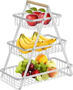 1PC 3-Tier Removable Metal Wire Storage Basket with Wooden Handle, Foldable Tiered Organizer, Breathable Rack for Fruit Vegetable Snack, Modern Kitchen Countertop Organizer for Dining Table Home