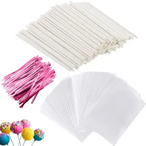 300pcs Cake Pops Set, 100pcs 6 Inch Lollipop Sticks, 100pcs Cake Pops Bags, 100Pcs Pink Metal Twist Ties for DIY Lollipops, CakePops, Candy, Chocolate Making Tools Fruit Gift Kit Ornaments Decor