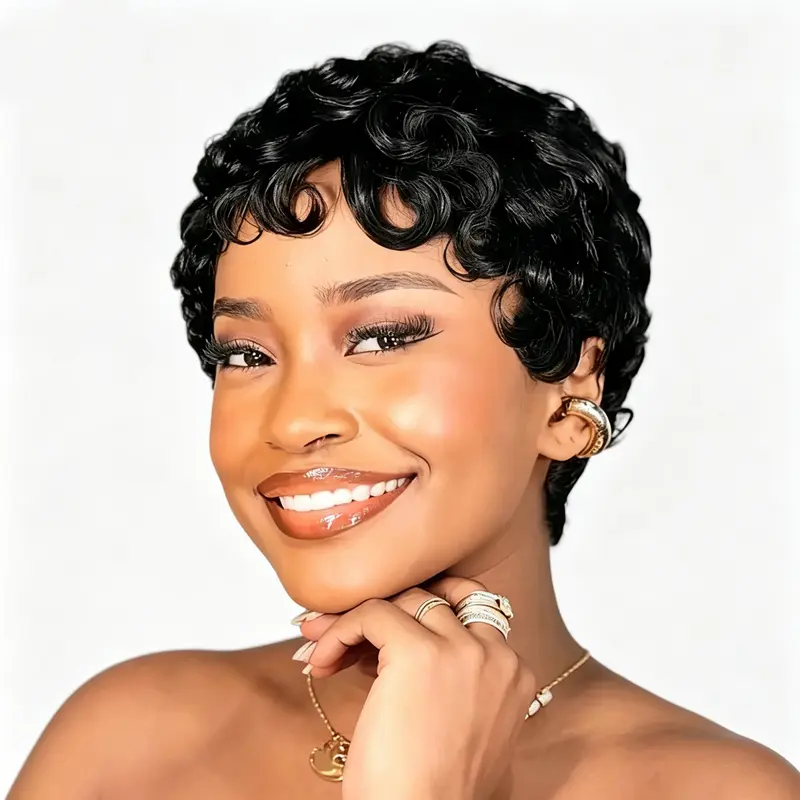 GieswyHair 6 inch Layered Real Human Hair Full Machine Curly Wig - Black Women's Bombshell Pixie Cut Wig, Glueless Wear And Go, Snug Fit, Stylist Friendly, For Casual Outings