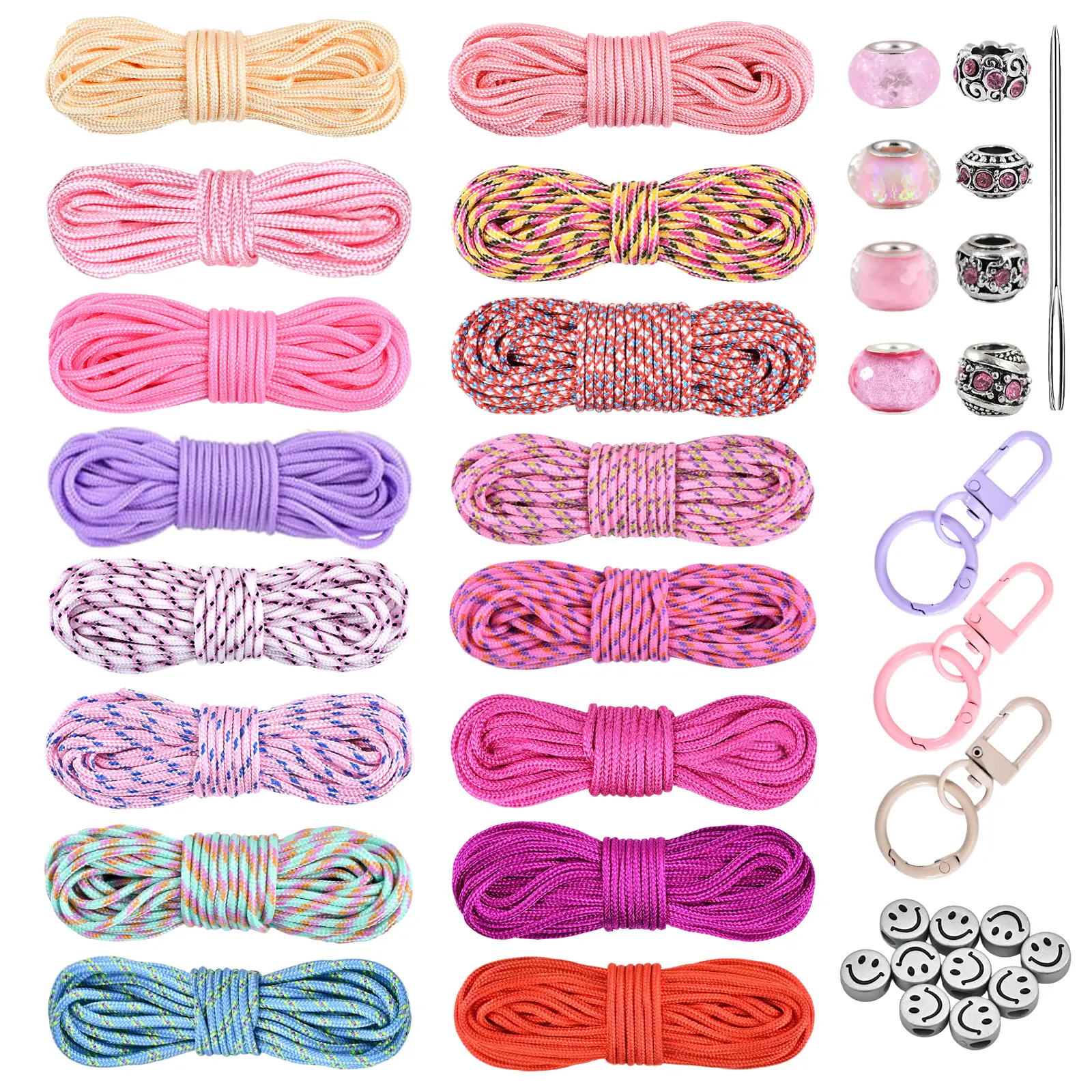 Paracord Combo Kits – 2mm Thin Paracord Rope Set (16-Colors × 20ft), Micro Cord Crafting with Paracord Beads, Smile Beads, Key Rings & More for Lanyards, Bracelets, Key Chains Accessories