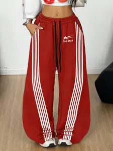 Unisex Casual Sweatpants with Drawstring Waist, Long Pants for All Seasons, Fitted Style, Moderate Fabric Thickness, Trendy Streetwear