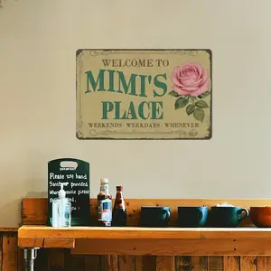 2D Flat, Metal Wall Art Sign Hanging Plaque - Mimi'S Place Rose Welcome Funny Wall Decor Retro Metal Sign Poster for Garage Man Cave Bathroom Bedroom Farm Inspirational Popular Wall Art 8x12 Inch Signs Posters