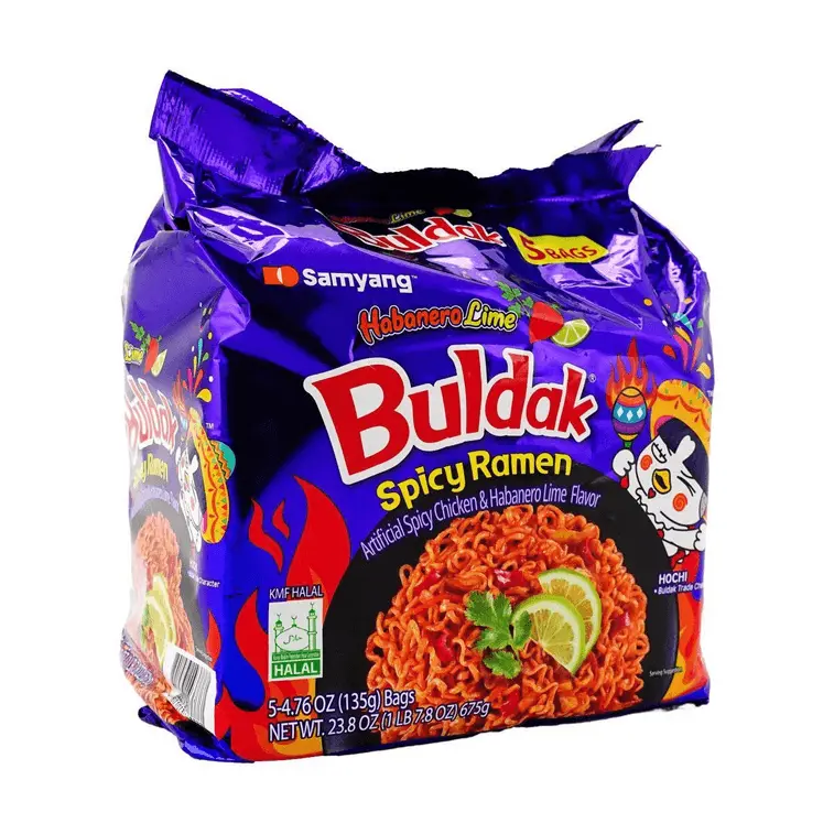 Buldak Spicy Ramen Habanero Lime Flavor Artificial Spicy Chicken & Habanero Lime Flavor 5-4.76 oz Bags Halal