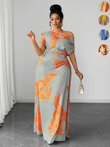 Women's Plus Size Dress, Large V-Neck Design Slimming Effect, Floral Print Casual Daily Wear, Vacation Style, Fitted Skirt