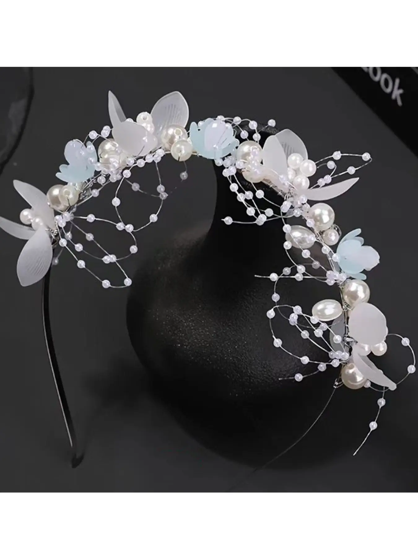 Luxe Petite Flower Pearl Headband, Jasmine Princess Crown, Handmade Bridal Hair Hoop, Faux Pearls & Fabric Flowers, Elegant Wedding Accessory