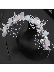 Luxe Petite Flower Pearl Headband, Handmade Bridal Hair Hoop, Faux Pearls & Fabric Flowers, Elegant Wedding Accessory