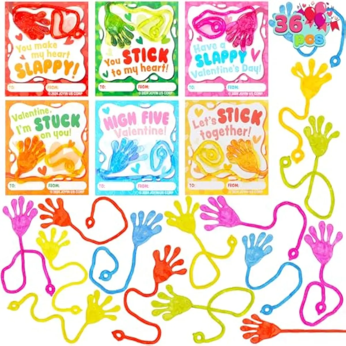 36 Packs Valentines Day Sticky Hands with Card, Valentine Party Favors, Classroom Exchange Gift for Kids, Holiday Reward Prizes