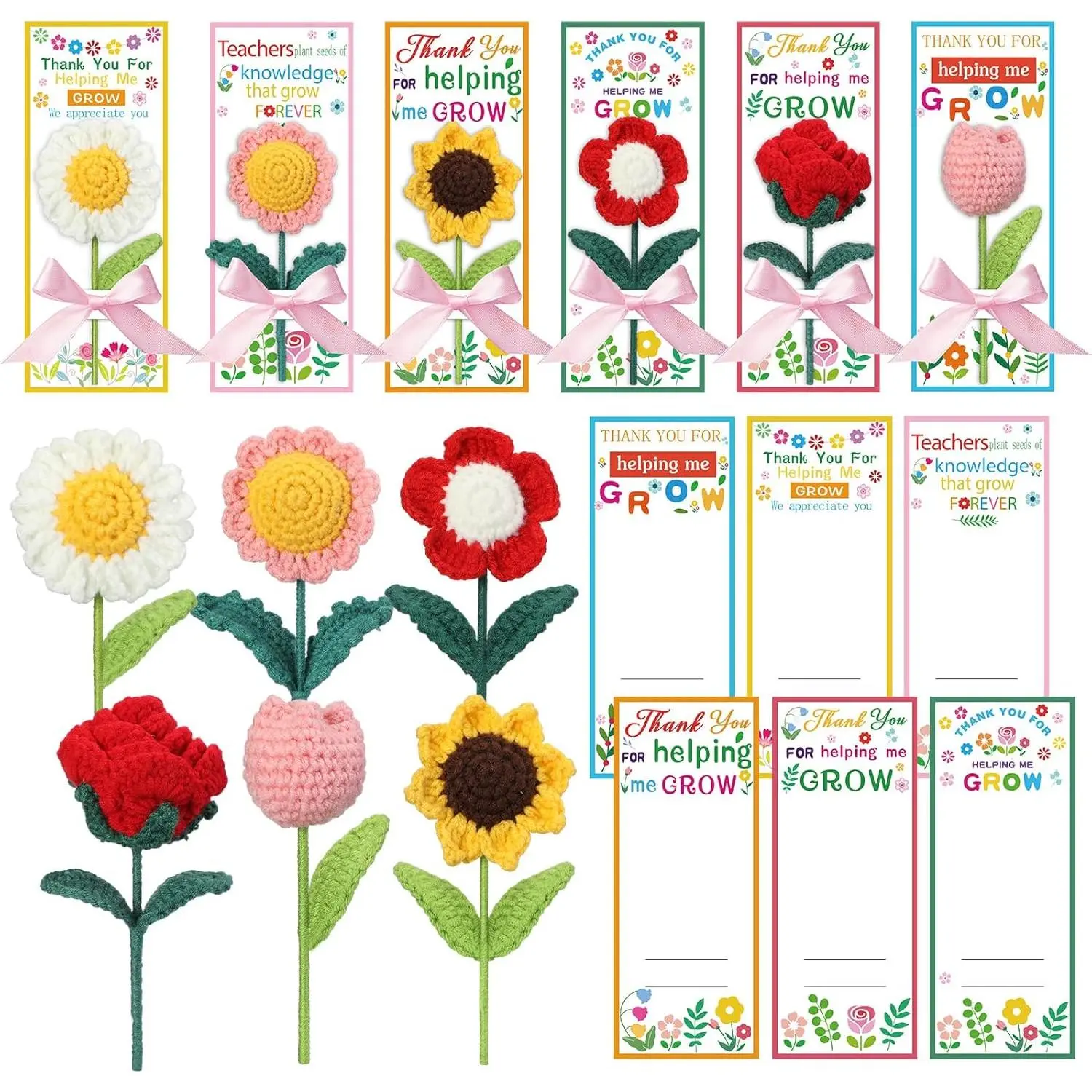 12-Set Satin Teacher Gifts Bundle, Handmade Crochet Flower Bouquet with Thank You Card, Women’s Appreciation Party Favors & Graduation Home Decorative Flowers, Set Bundle
