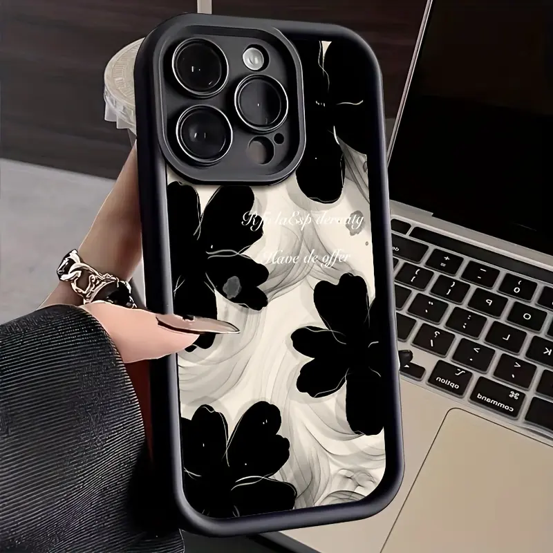 Vintage Black Ink Floral Pattern Silicone Phone Case for iPhone 16,15,14 Pro Max,13,12,11,XR,XS Plus - Shockproof, Slim, Durable, Full Camera Protection Mobile Phone Accessories