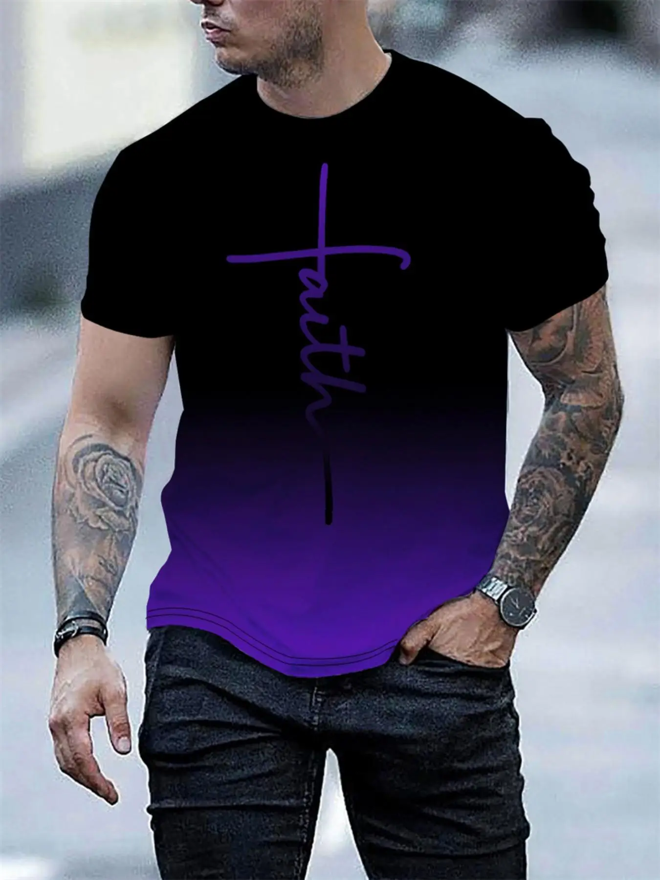 Men's Ombre Letter Print Round Neck Tee, Regular Fit Casual Breathable Short Sleeve Crew Neck T-Shirt for Summer, Fashion Men's Top for Daily Wear