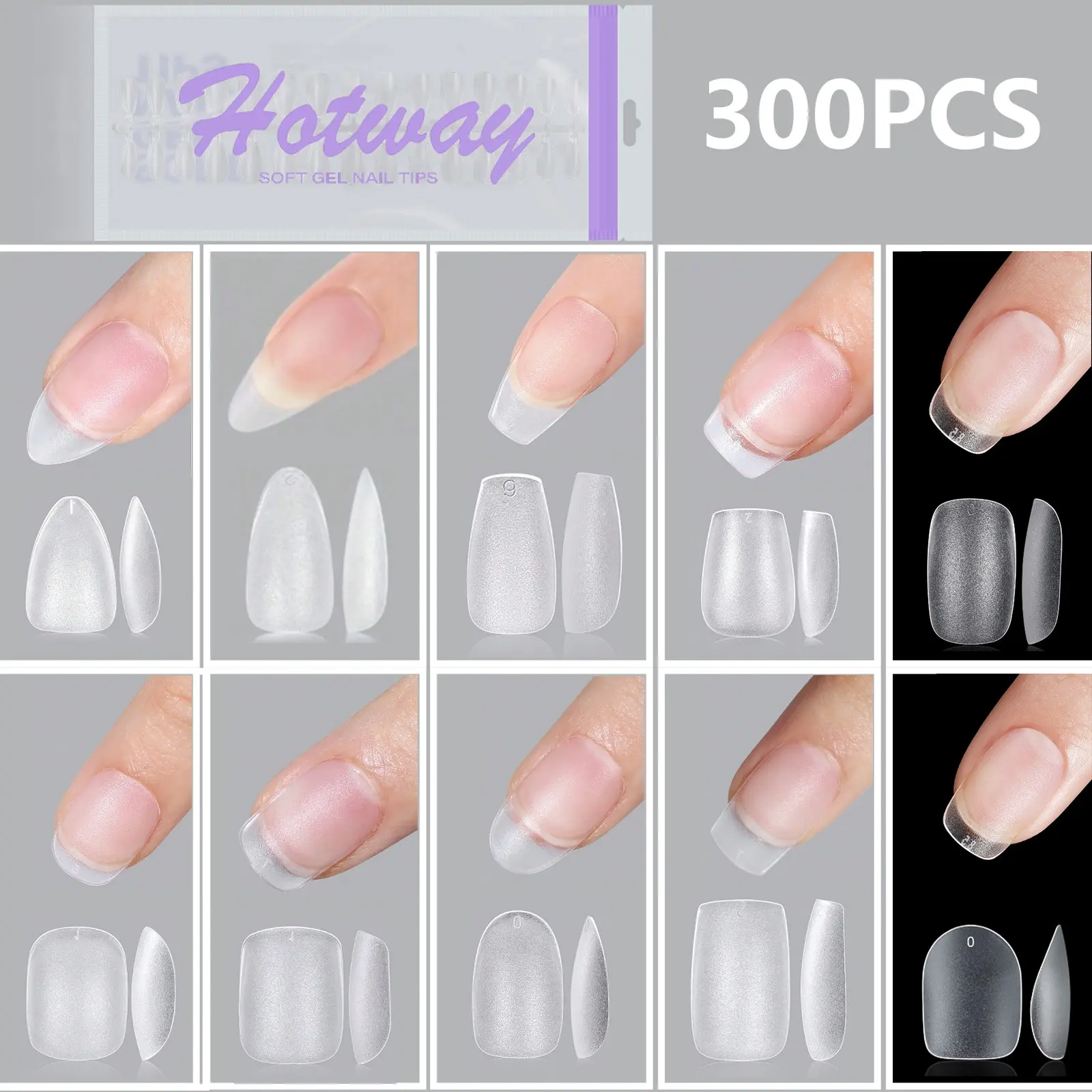 Hotway 300pcs Full Cover False Nails, Acrylic Fake Nails, Short, Medium, Long, Almond, Square, Oval, Coffin, Transparent Acrylic, 15 Sizes, DIY Nail Art, Clear Nail Tips